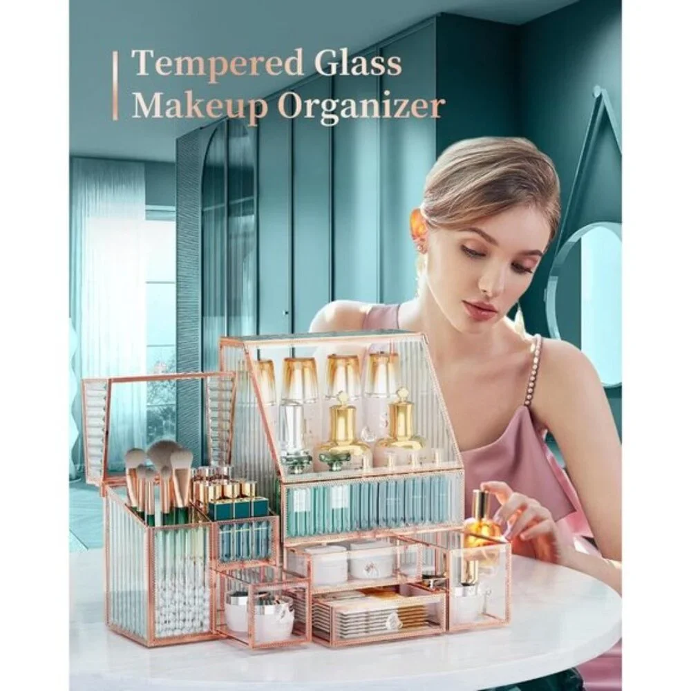 Glass Makeup Organizer, 3-in-1 Vanity Storage for Skincare, Lipstick & Brushes